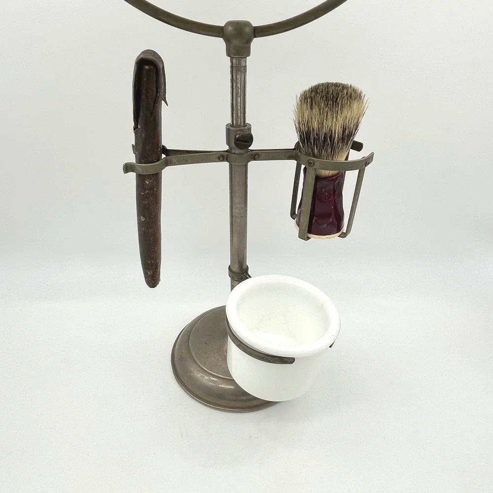 Antique Edwardian‎ Telescoping Brass Shaving Stand Mirror Brush Cup Razor